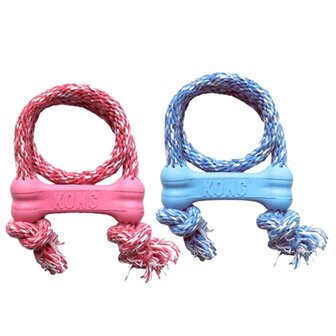 Kong puppy goodie bone rubber met touw roze of lichtblauw assorti