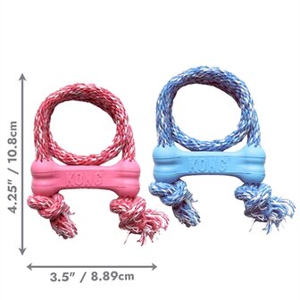 Kong puppy goodie bone rubber met touw roze of lichtblauw assorti