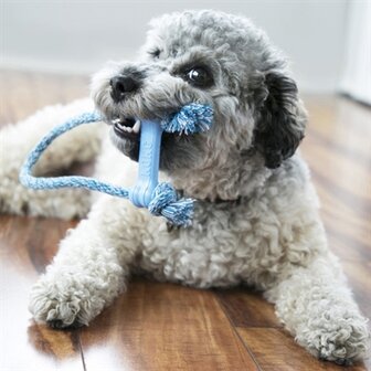 Kong puppy goodie bone rubber met touw roze of lichtblauw assorti