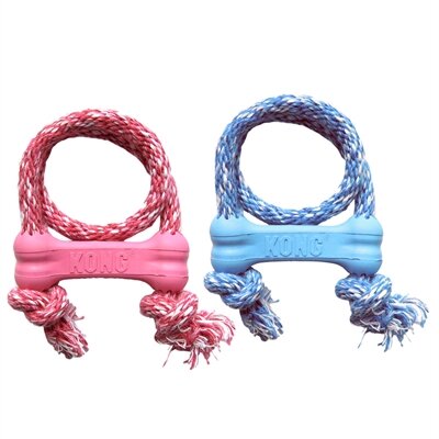 Kong puppy goodie bone rubber met touw roze of lichtblauw assorti