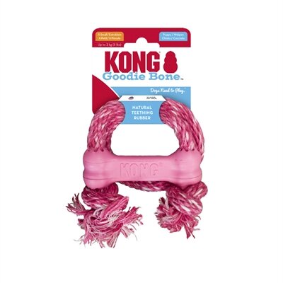 Kong puppy goodie bone rubber met touw roze of lichtblauw assorti